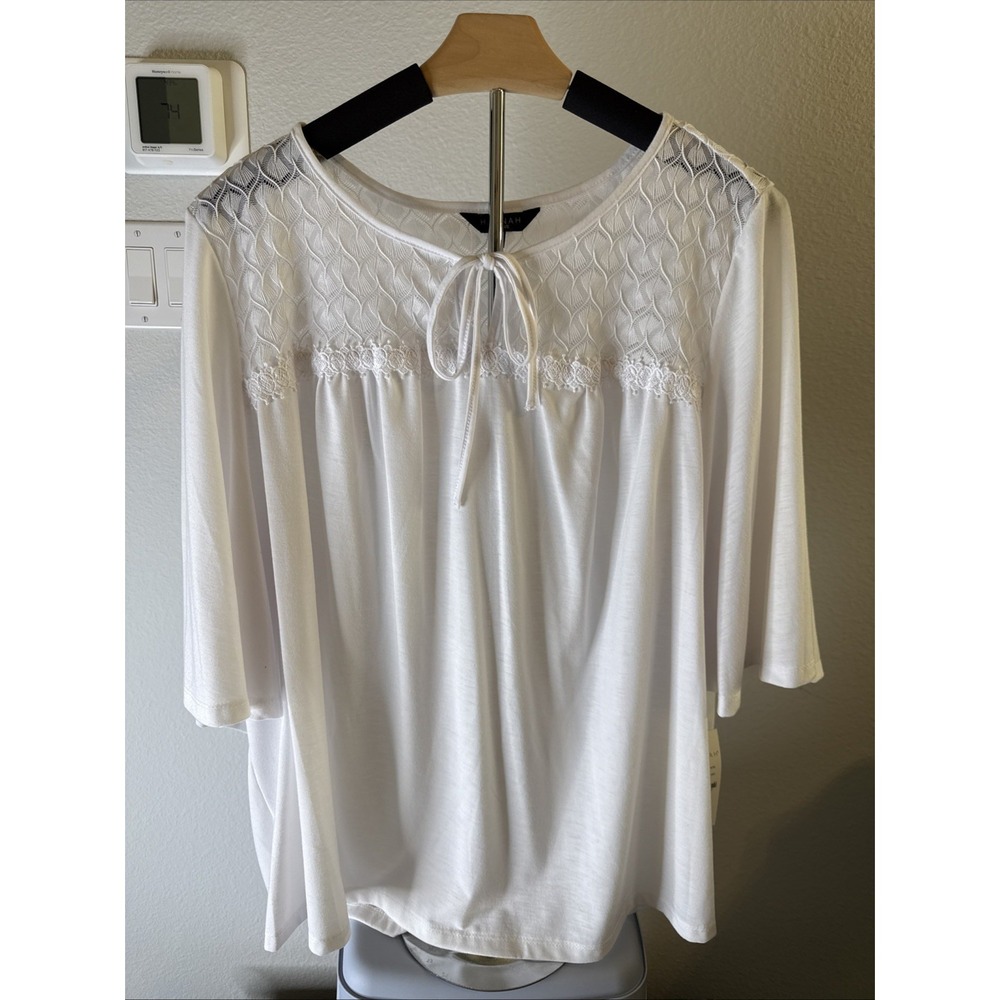 Hannah Women's Embroidered Tie-Front Blouse Short Sleeve White Plus Size 2XL NWT